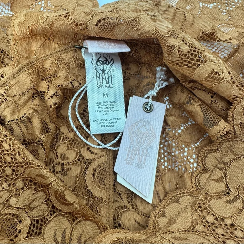 We are Hah Cut to the Chase Lace Bodysuit Brown Sugar Medium New with Tags